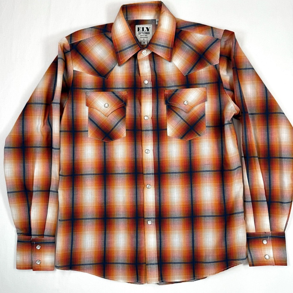 ELY CATTLEMAN Boys Plaid Western‎ Snap Button Shirt Size M Classic Cowboy
